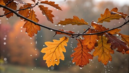 Obraz premium Close-up of raindrops clinging to autumn leaves, with warm orange and brown tones
