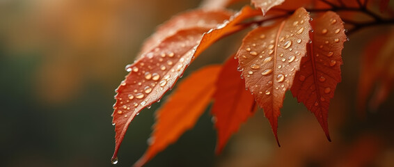 Fototapeta premium Close-up of raindrops clinging to autumn leaves, with warm orange and brown tones