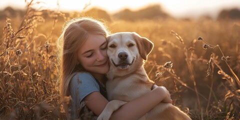 A young girl lovingly hugs her dog in a sunlit field, showcasing a strong bond of companionship and joy.
