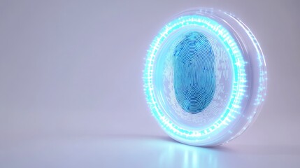 Futuristic fingerprint scanner, blue glowing circle, technology concept.