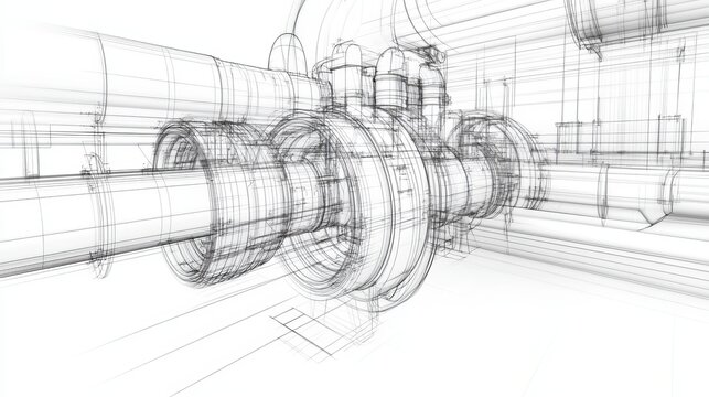 Wireframestyle sketch of industrial equipment separating visible and invisible lines in 3D vector rendering