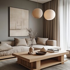 Minimalist living room, neutral tones, spherical pendant lights, beige sofa, large wood coffee table, floor-to-ceiling windows, soft natural lighting, earthy color palette, zen atmosphere, organic sha