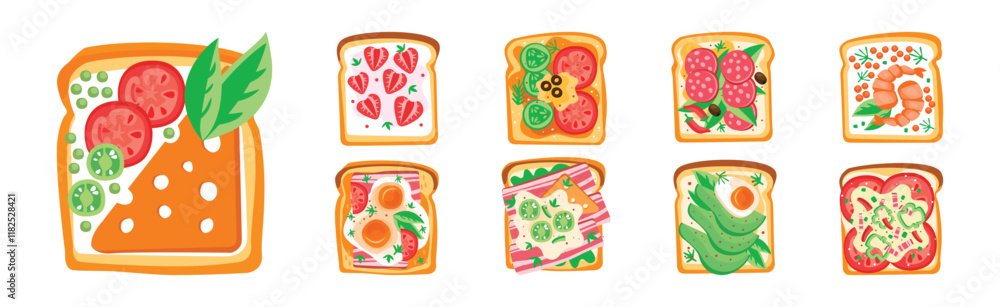 Poster toast with bread and different top ingredients vector set