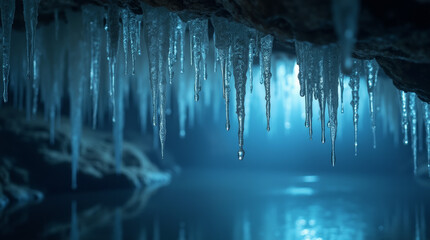 Dewdrops hanging from the tips of icy stalactites in a glowing cave