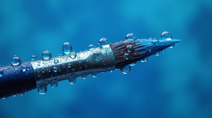 Dewdrops on the bristles of a paintbrush dipped in vibrant blue paint