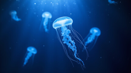 jellyfish, underwater with glowing blue light