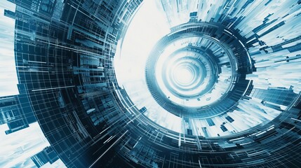 Futuristic digital tunnel with abstract geometric patterns and blue light