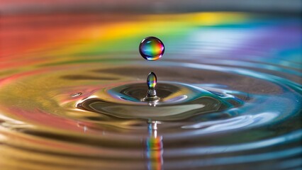 Macro shot of a single water droplet on a smooth metallic surface, reflecting a rainbow of colors