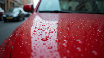Macro shot of raindrops on a glossy red car hood, with reflections of the cityscape