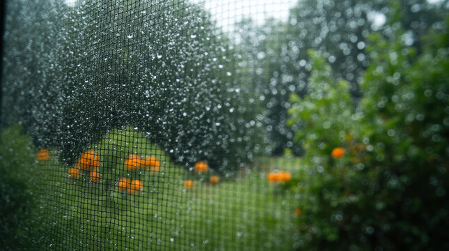 Macro shot of rain droplets on the fine mesh of a screen door, with a garden blurred behind it