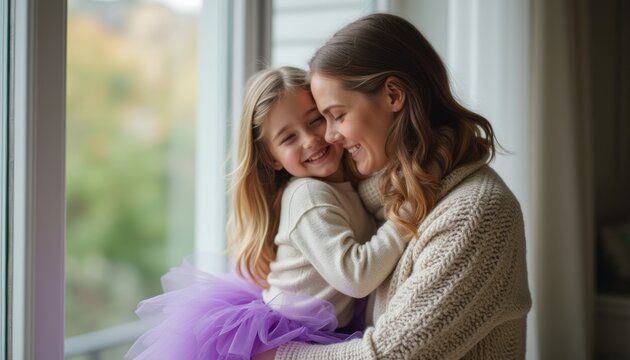 A loving mother holds her smiling daughter close, both radiating warmth and happiness in a cozy indoor setting. The little girl, dressed in a playful purple tutu, beams with joy, while the mother’s
