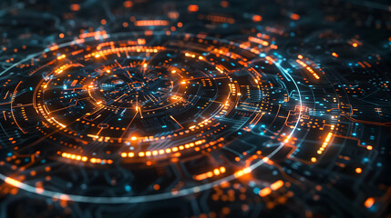 Digital circuit design featuring vibrant orange and blue lights on a dark background