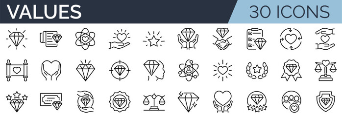 Set of 30 outline icons related to values. Linear icon collection. Editable stroke. Vector illustration	