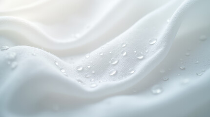 Macro shot of water droplets on a soft white cotton fabric, absorbing light delicately
