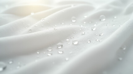 Macro shot of water droplets on a soft white cotton fabric, absorbing light delicately