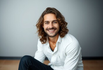 Fototapeta premium Portrait of a man with long hair, smiling and looking directly at the camera