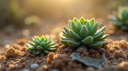 Fototapeta premium Morning dew on tiny desert succulents, surrounded by sandy textures and soft light