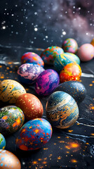 Colorful decorated eggs scattered across a dark surface resembling a cosmic landscape