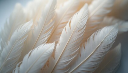 Naklejka premium A close-up view of pristine white feathers, showcasing their intricate details and soft textures. The gentle curves and fine lines evoke a sense of purity and tranquility, perfect for themes of