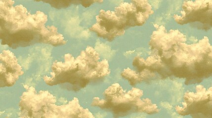 Vintage Seamless Pattern Fluffy Clouds Sky Pastel Green Background
