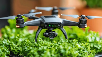Advanced black drone hovering over lush green kale in a garden scene