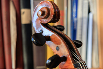 Pegbox with cello roll in the background Books with blur