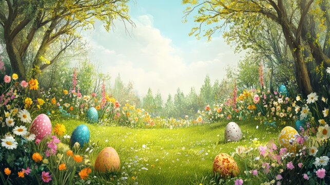 Colorful easter eggs scattered in blooming spring meadow under sunny skies