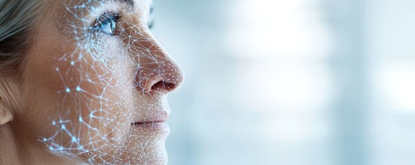 Woman with Digital Network Overlays on Her Face