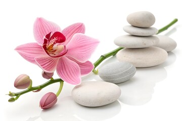 Pink orchid and spa stones isolated.