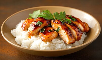 Grilled teriyaki chicken served over fluffy steamed rice on a warm mustard background