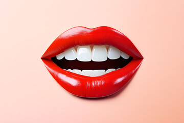 Close up red lips smiling mouth collage element isolated on white background