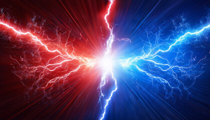 a blue and red lightning bolt clash creates a burst of light in an ultramodern supernatural scene with copy space