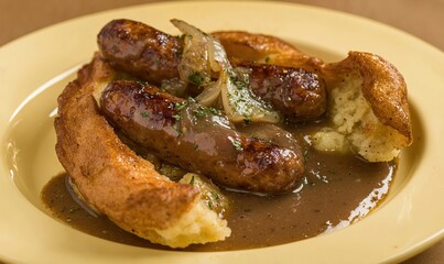 Savory toad in the hole sausages served in fluffy Yorkshire pudding with rich onion gravy on a pale yellow plate