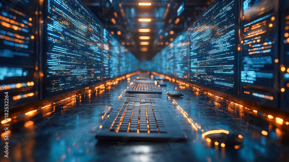 Aufkleber futuristic data center with illuminated blue and orange servers, showcasing technology and networkin