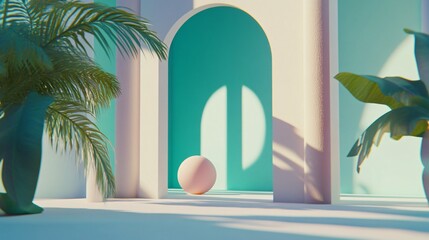 Obraz premium Minimalist Tropical Scene Pastel Archway Palm Leaves Sphere