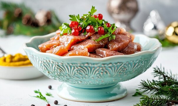 Savory holodets served in a pale turquoise dish, a traditional Ukrainian delicacy for festive occasions