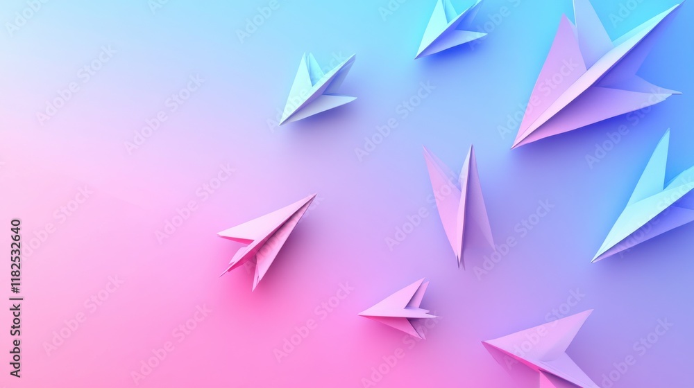 Poster minimalist paper airplane motifs in soft gradient backgrounds digital art serene atmosphere abstract