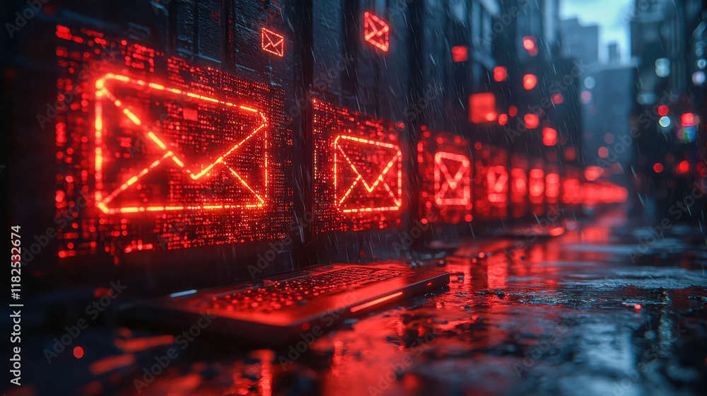 Poster bright red email icons displayed on a digital interface, emphasizing communication and messaging in 