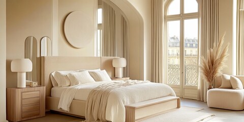 Cozy bedroom interior, warm beige tones, large windows with natural light, plush bedding, wooden furniture, pampas grass decor, minimalist aesthetic, soft textures, calm atmosphere, shadow patterns on