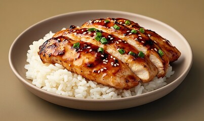 Grilled teriyaki chicken served on steamed rice with sesame and green onions against a warm backdrop