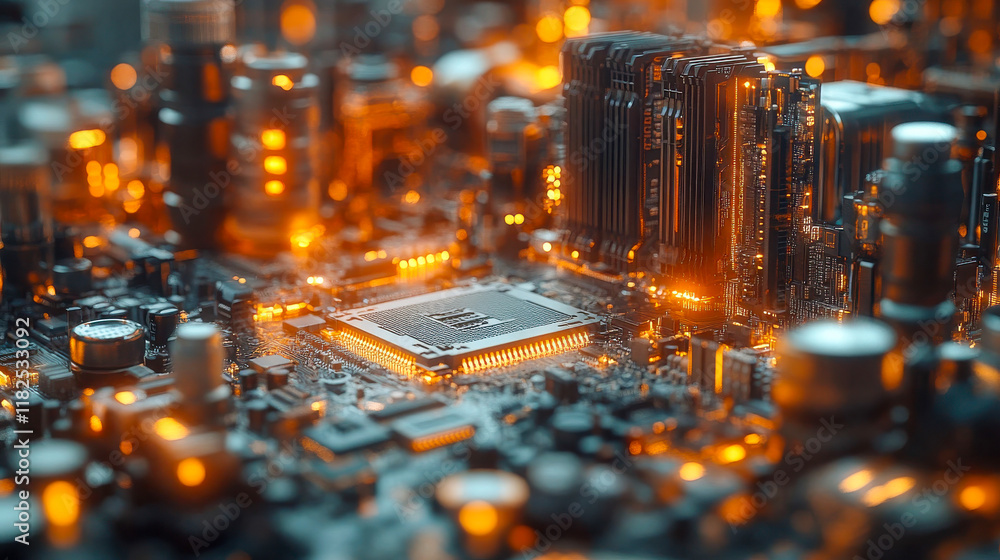Aufkleber close-up view of a glowing circuit board, showcasing intricate electronic components and high-tech i