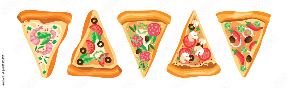 Aufkleber pizza slice cut with different topping vector set