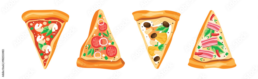 Aufkleber pizza slice cut with different topping vector set