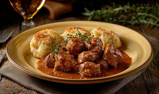 Hearty gulash beef stew served with bread dumplings in a cozy dining setting