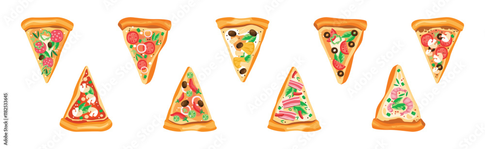 Poster pizza slice cut with different topping vector set