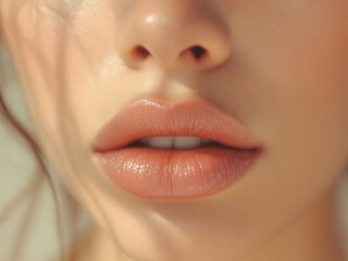 Fototapeta premium Glossy pink lips close-up, vibrant and alluring, showcasing flawless makeup and beauty.