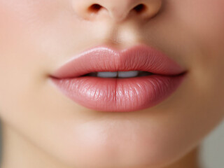 Fototapeta premium Glossy pink lips close-up, vibrant and alluring, showcasing flawless makeup and beauty.