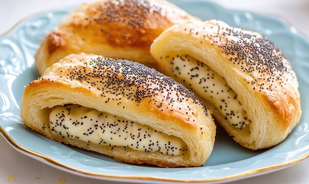 Delightful kolace pastries topped with poppy seeds served on a pale blue plate at a cozy Czech bakery