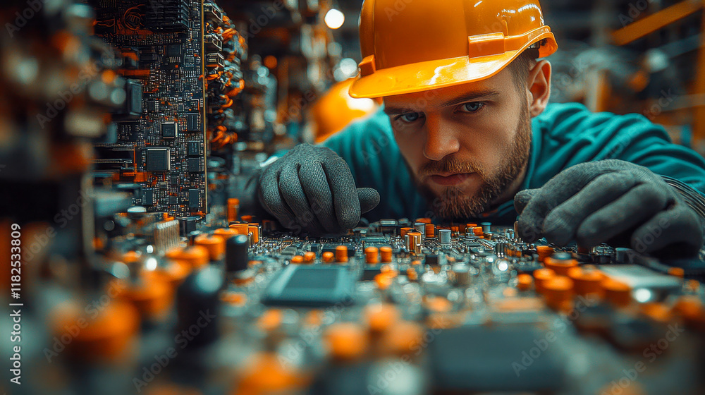 Poster close-up of an engineer wearing a hard hat inspecting a circuit board with intense focus in a high-t