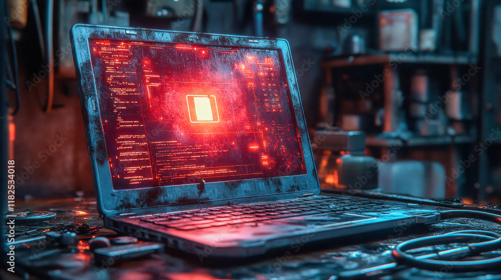 Poster damaged laptop with red glowing error screen in a dimly lit workspace, symbolizing technical failure